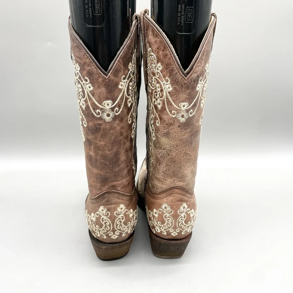 Corral Teens Size 6 Bone Floral Western Cowboy Boots Brown Leather Rustic Rodeo